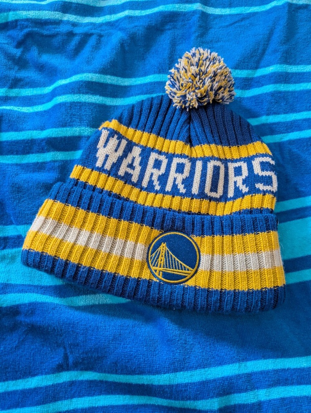 Men's Blue, Yellow & White Warriors Knit Pom Beanie